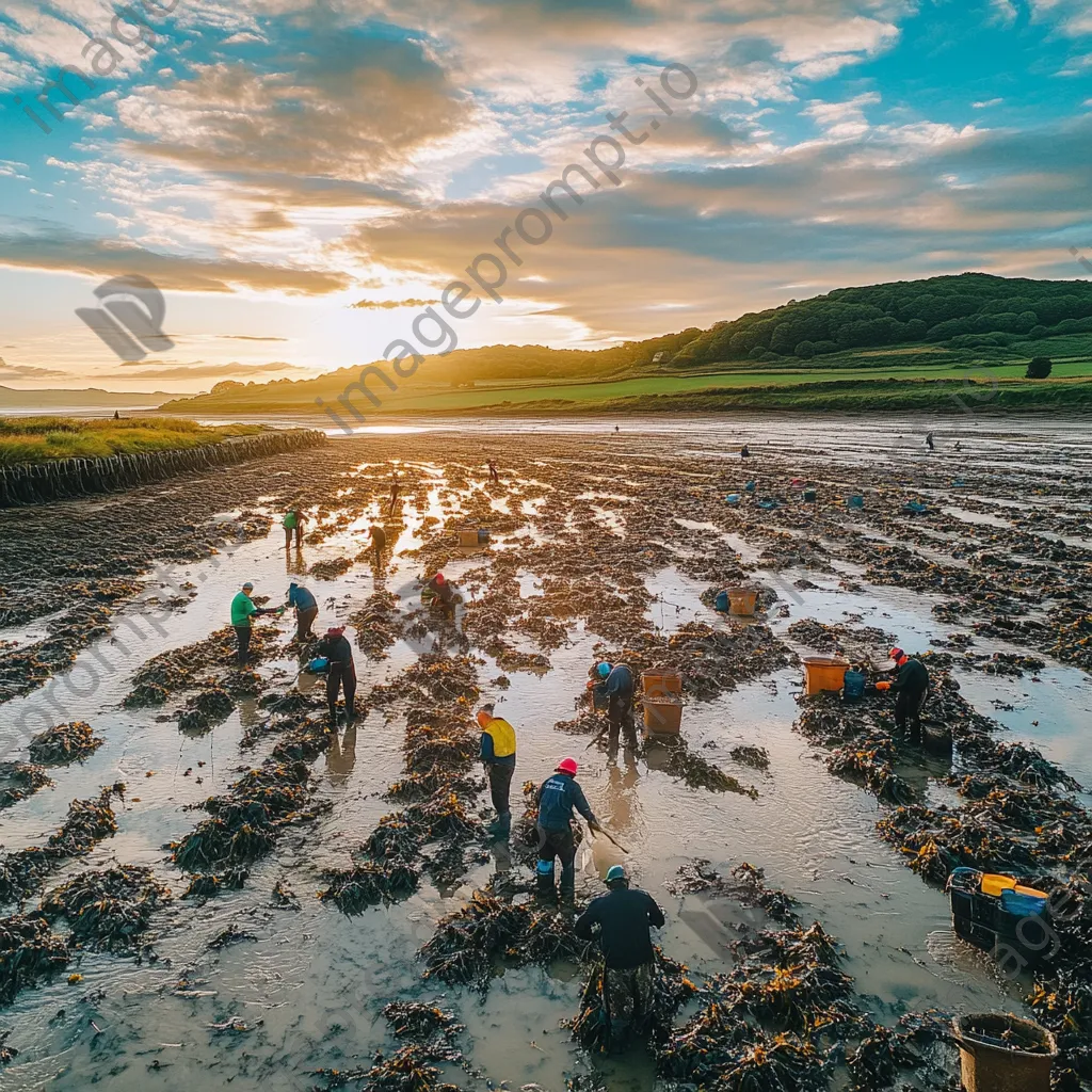 Workers collecting oysters on traditional beds at low tide - Image 1