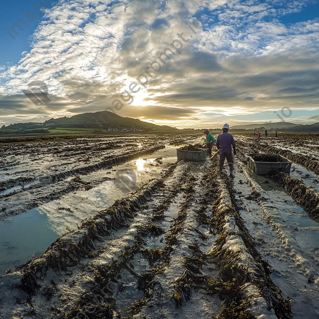 Workers collecting oysters on traditional beds at low tide - Image 2