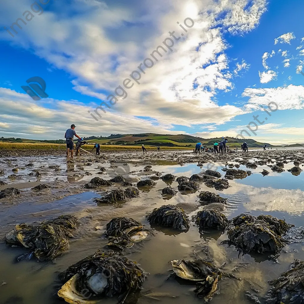 Workers collecting oysters on traditional beds at low tide - Image 3