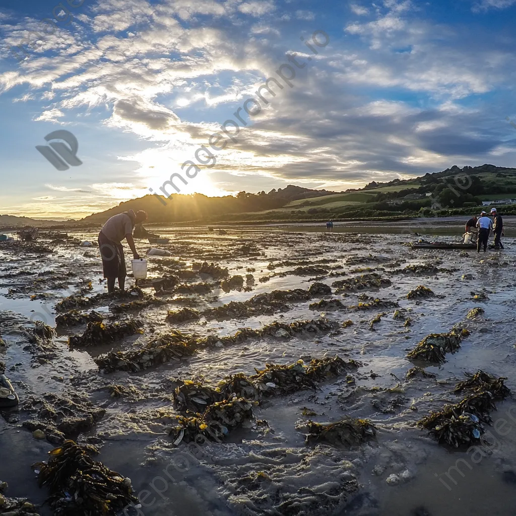 Workers collecting oysters on traditional beds at low tide - Image 4