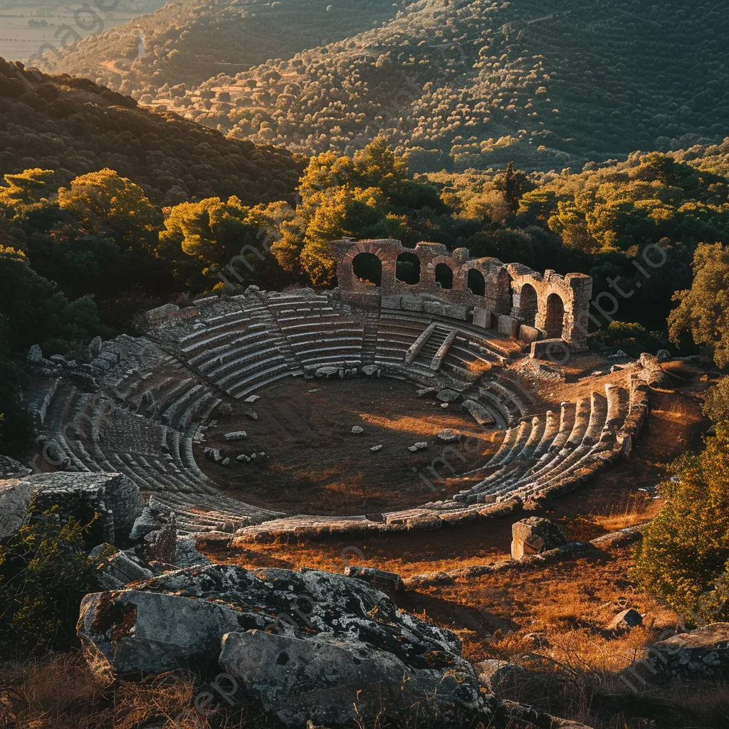 Ancient amphitheater surrounded by greenery under golden hour light - Image 1