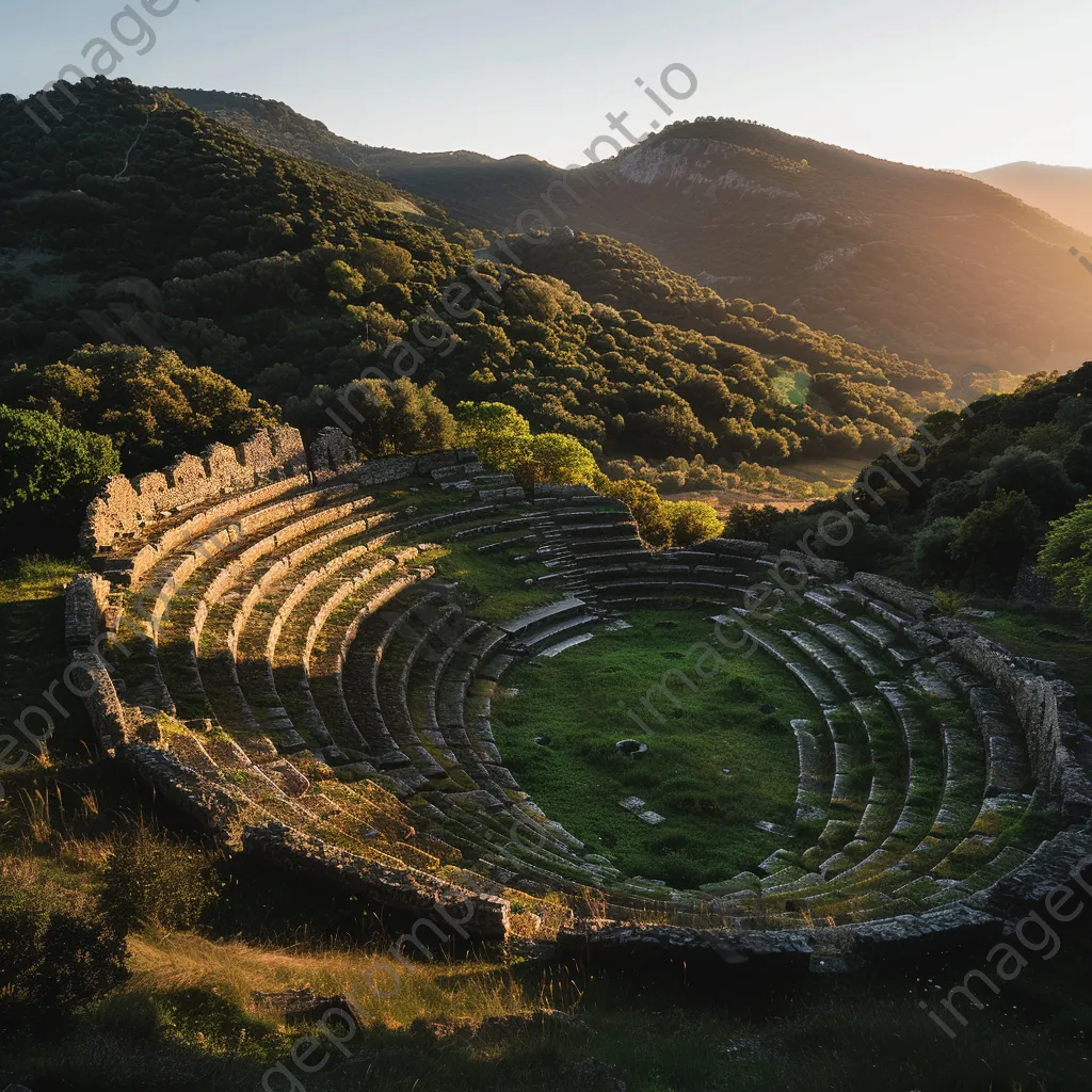 Ancient amphitheater surrounded by greenery under golden hour light - Image 2