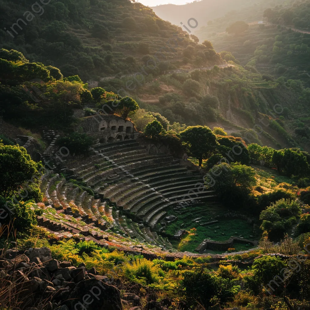 Ancient amphitheater surrounded by greenery under golden hour light - Image 4