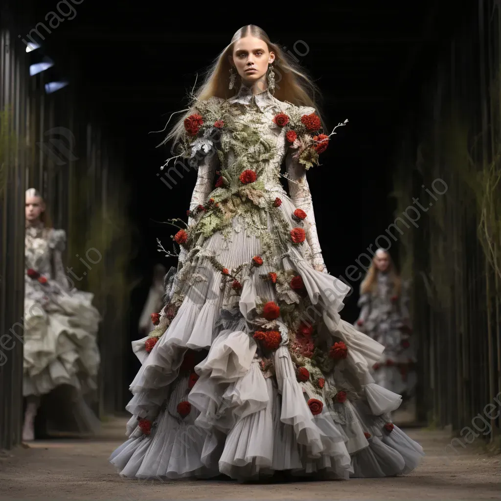 Flora and fauna fashion collection made from sustainable materials, staged amidst lush greenery, echoing Alexander McQueen