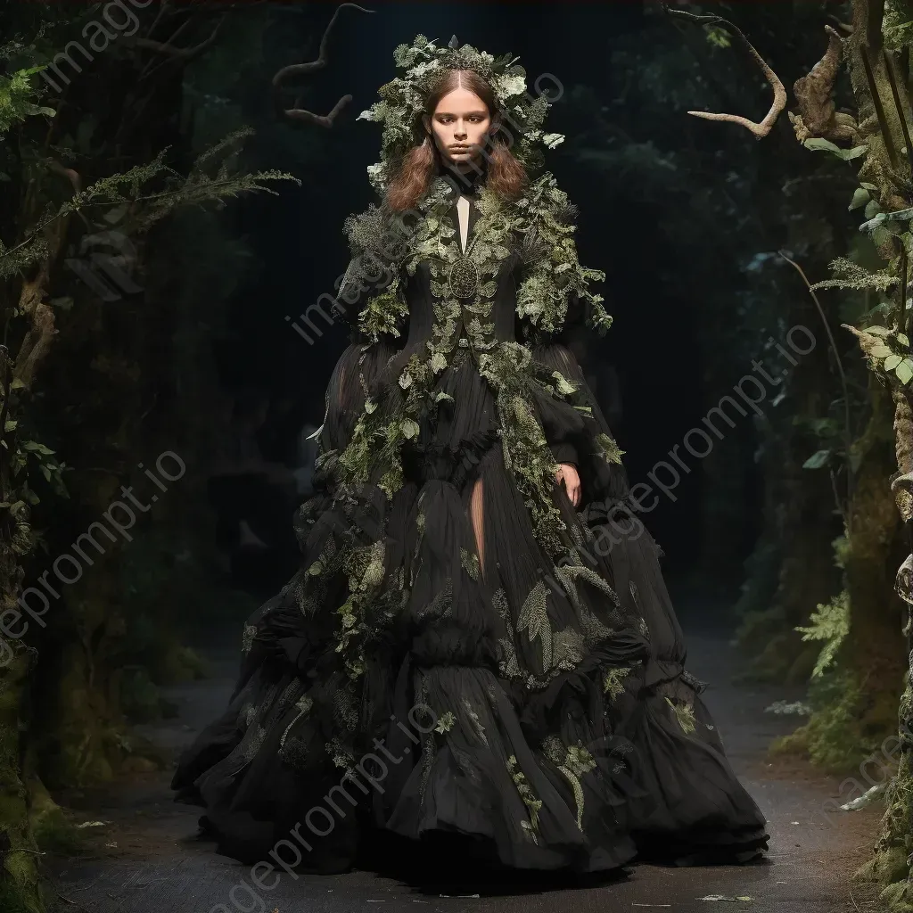 Flora and fauna fashion collection made from sustainable materials, staged amidst lush greenery, echoing Alexander McQueen