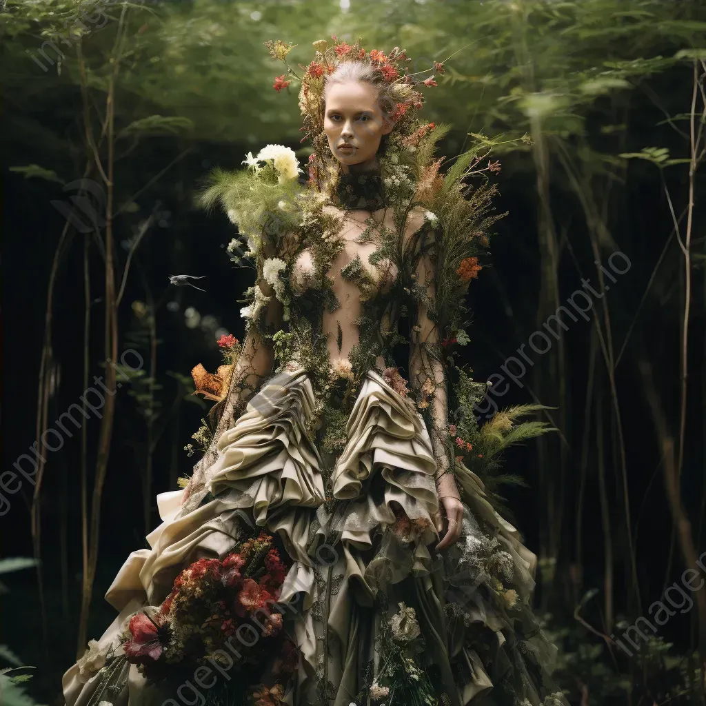 Flora and fauna fashion collection made from sustainable materials, staged amidst lush greenery, echoing Alexander McQueen