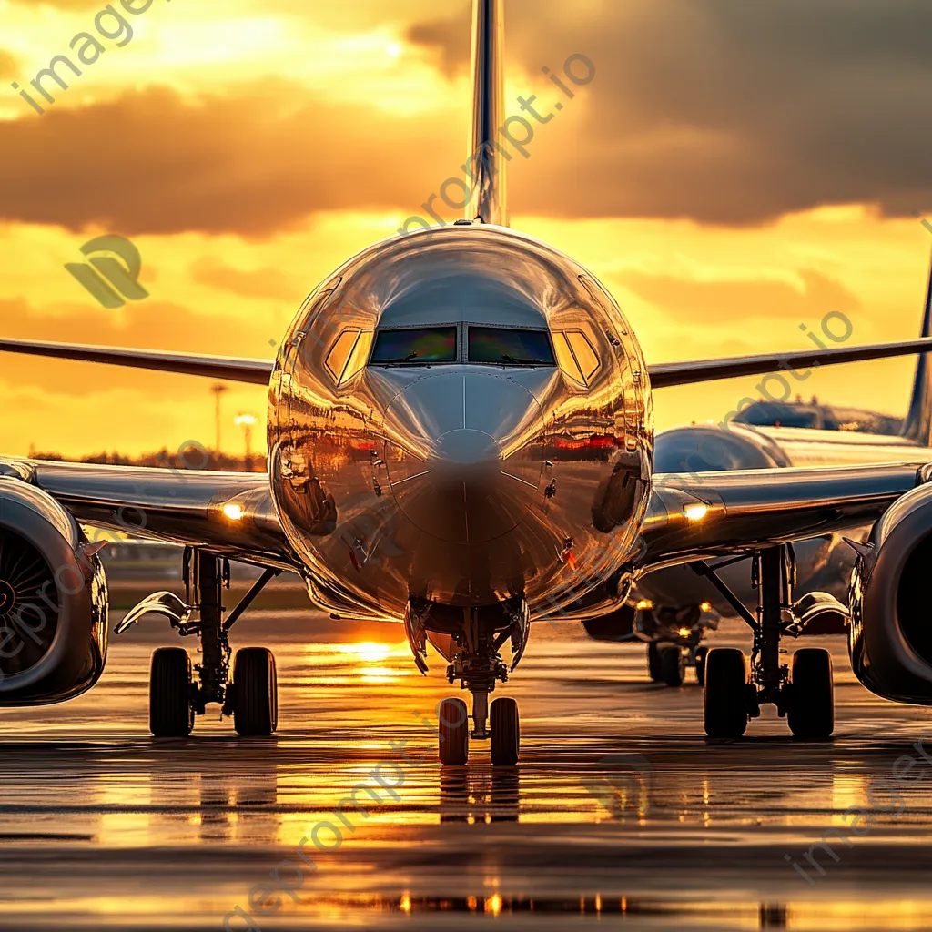 Airplanes parked on the tarmac during sunset - Image 1