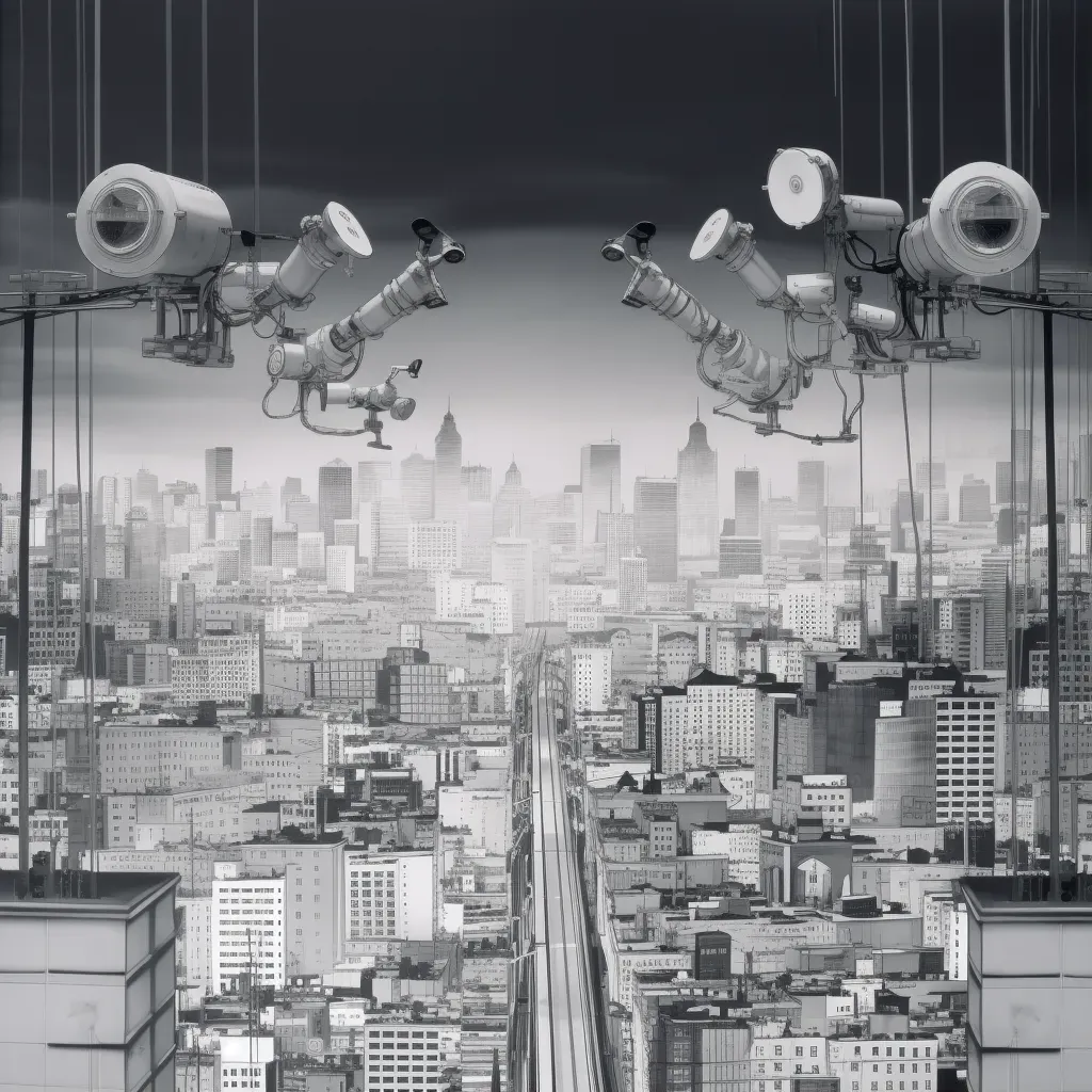 Gloomy cityscape with large surveillance cameras at every corner - Image 1