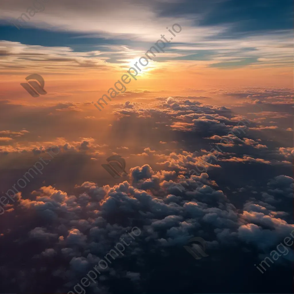 Sunset above clouds creating colorful sky seen from airplane window - Image 1