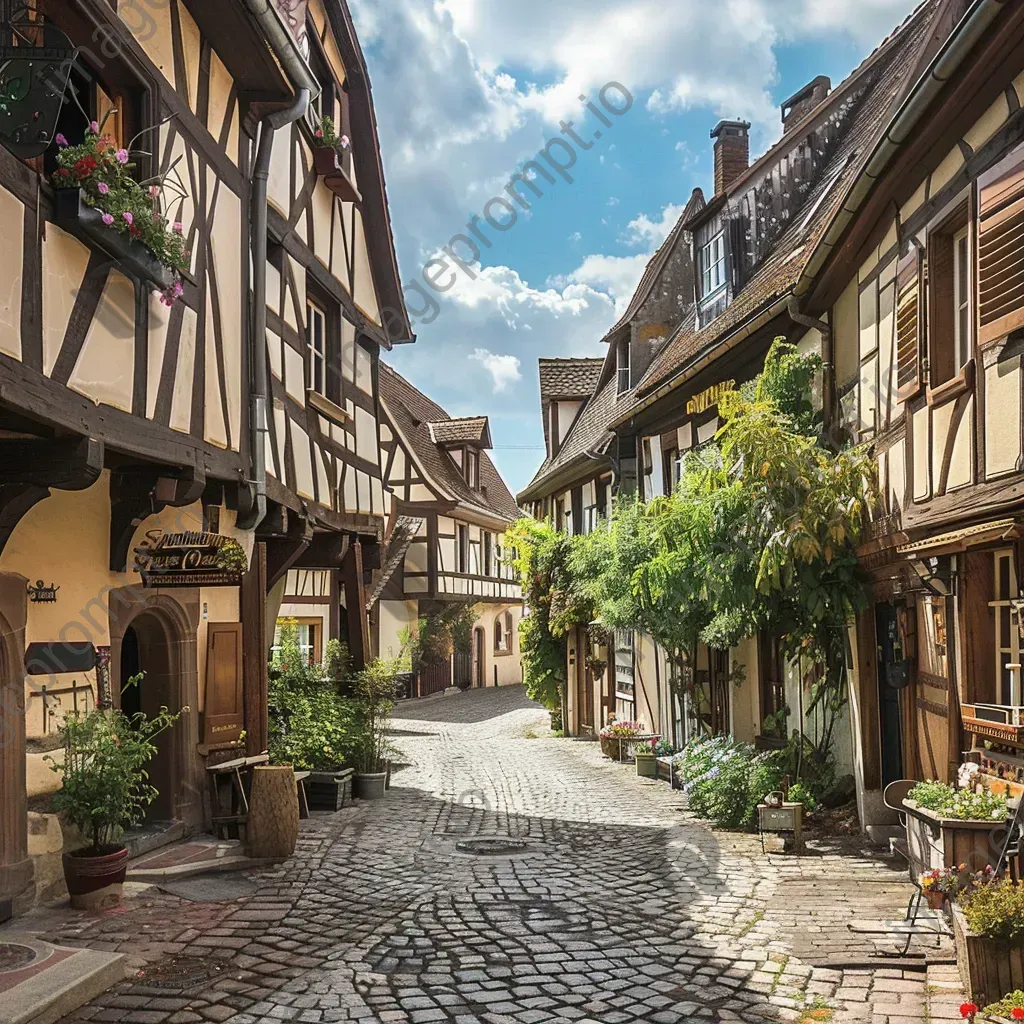 Quaint medieval village with cobblestone streets and timber-framed houses, lively marketplace in the square - Image 1