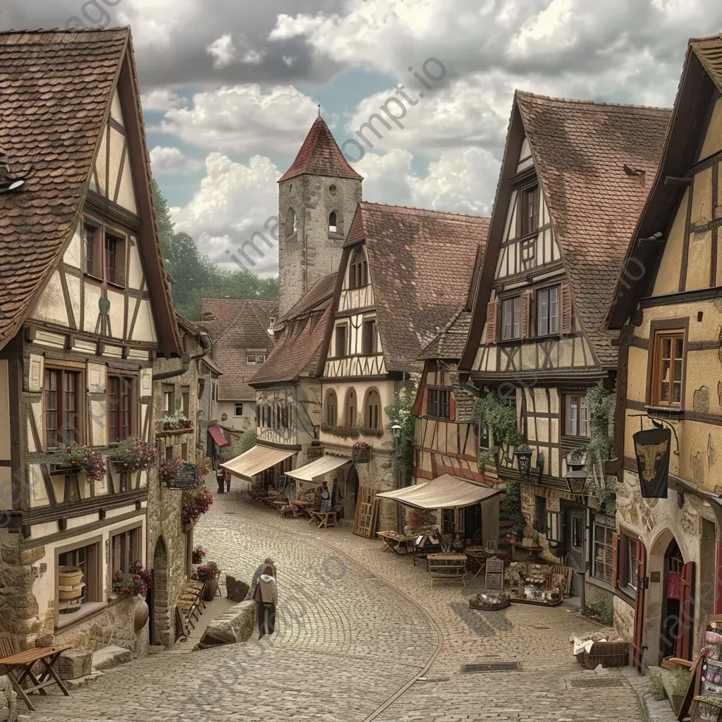 Quaint medieval village with cobblestone streets and timber-framed houses, lively marketplace in the square - Image 2