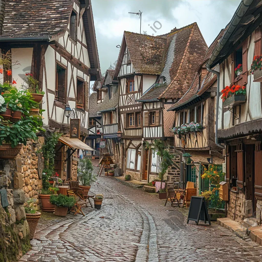 Quaint medieval village with cobblestone streets and timber-framed houses, lively marketplace in the square - Image 3