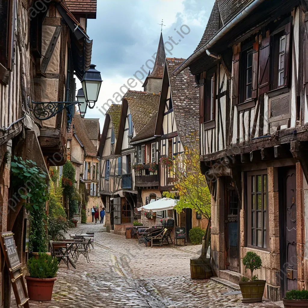 Quaint medieval village with cobblestone streets and timber-framed houses, lively marketplace in the square - Image 4