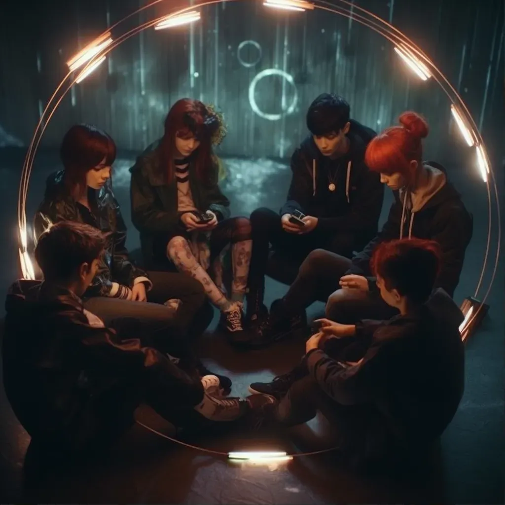 Image of a group of young people sitting in a circle, each absorbed in their own virtual reality - Image 1