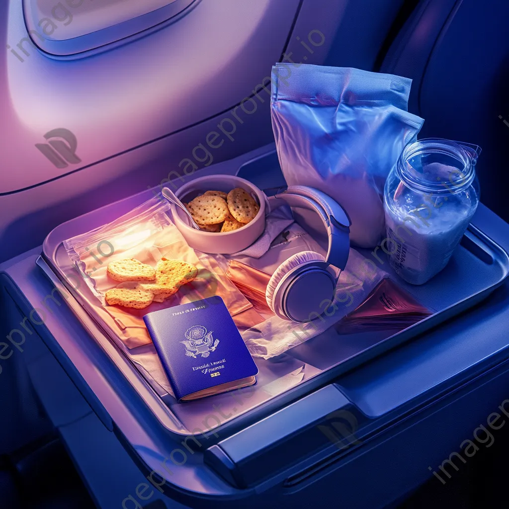 Travel essentials on an airplane tray including passport and snacks - Image 1