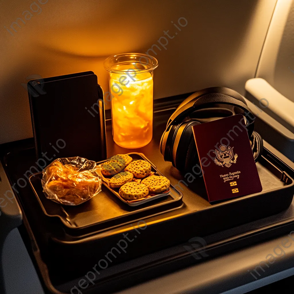 Travel essentials on an airplane tray including passport and snacks - Image 3