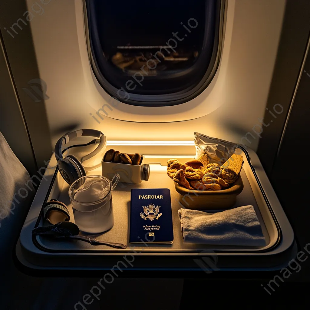 Travel essentials on an airplane tray including passport and snacks - Image 4