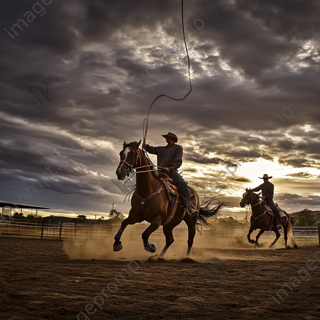 Trainers practicing lasso techniques in an outdoor round pen. - Image 1