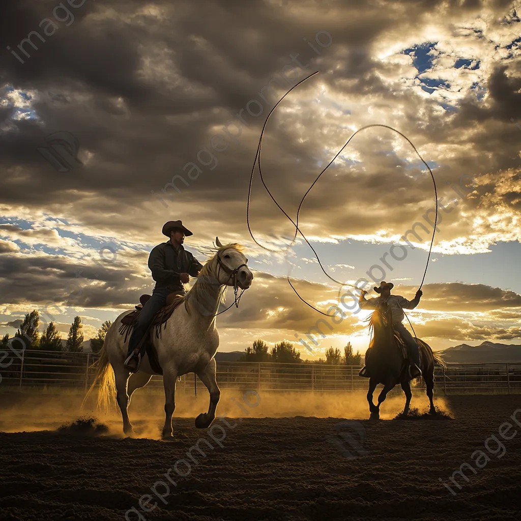 Trainers practicing lasso techniques in an outdoor round pen. - Image 2