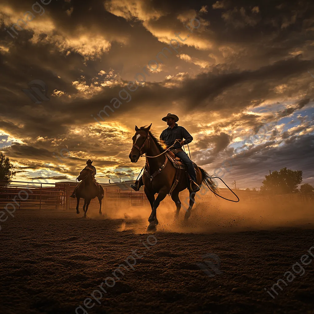 Trainers practicing lasso techniques in an outdoor round pen. - Image 3