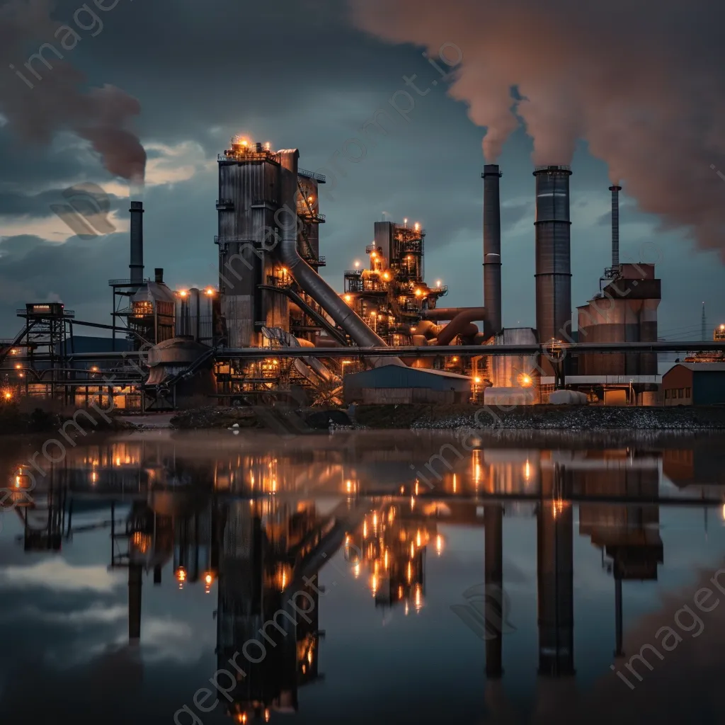 Modern steel manufacturing plant illuminated at dusk - Image 1