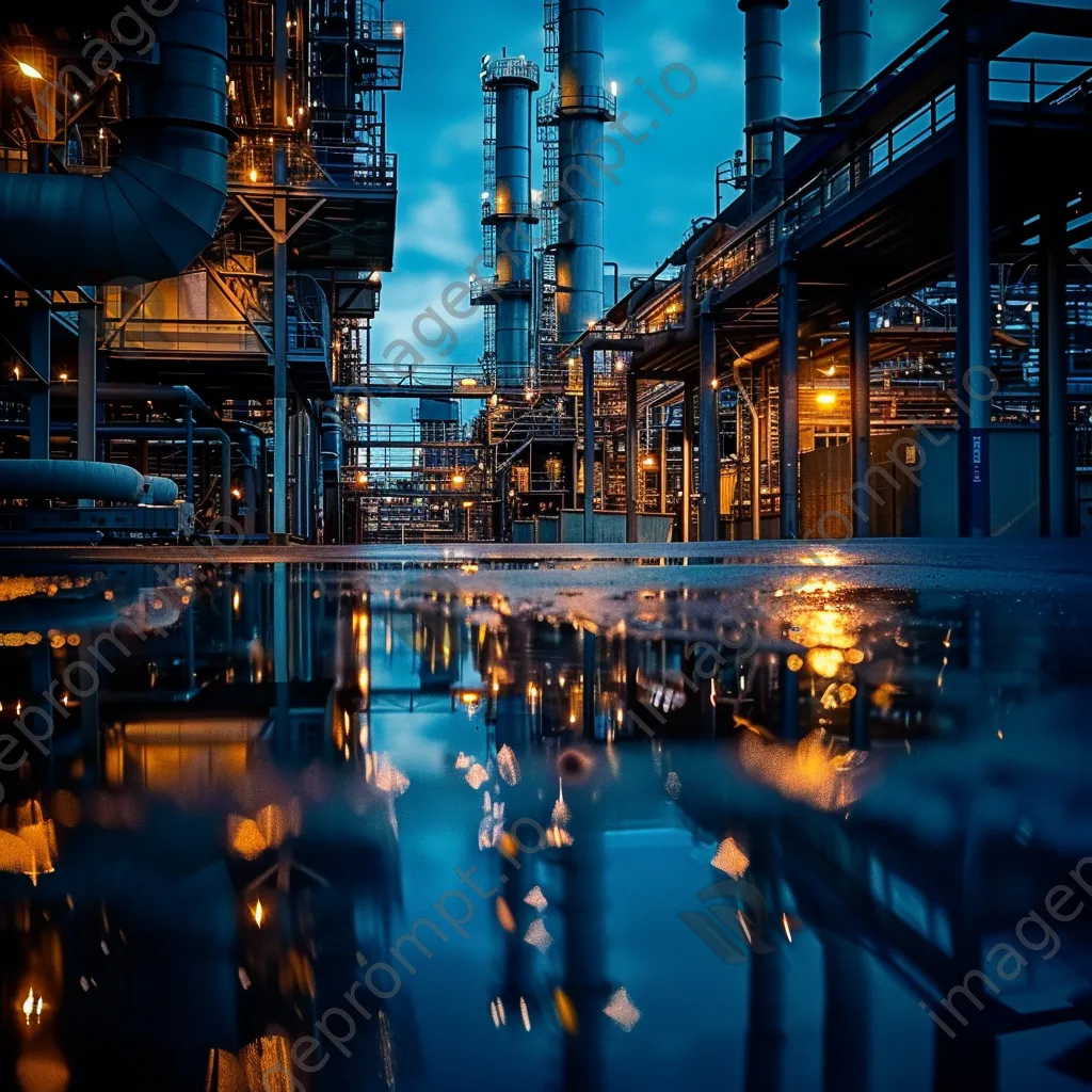 Modern steel manufacturing plant illuminated at dusk - Image 3