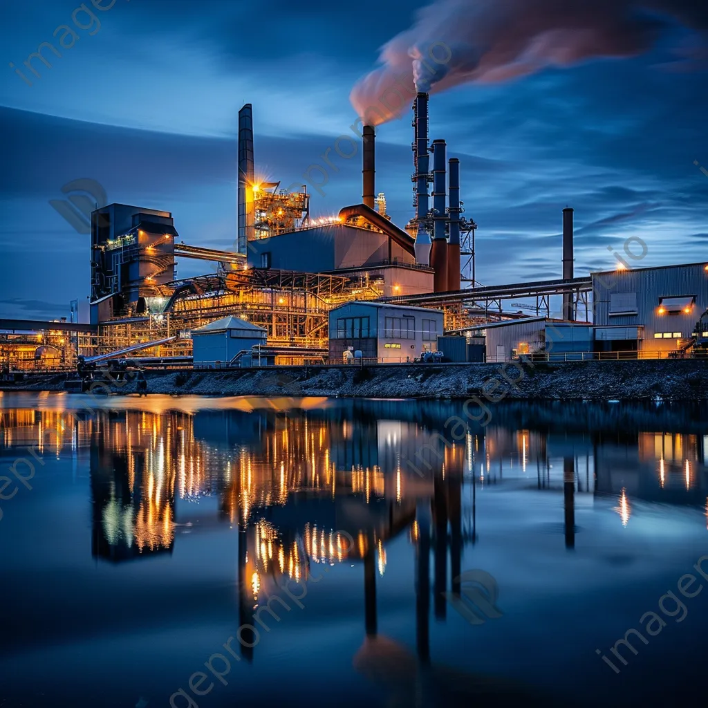 Modern steel manufacturing plant illuminated at dusk - Image 4