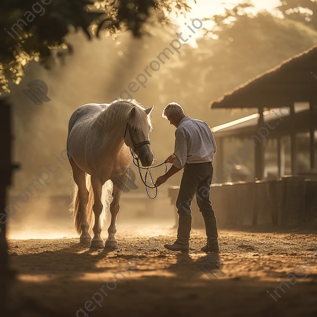 Trainer working with a horse in a sunlit arena during groundwork training. - Image 1