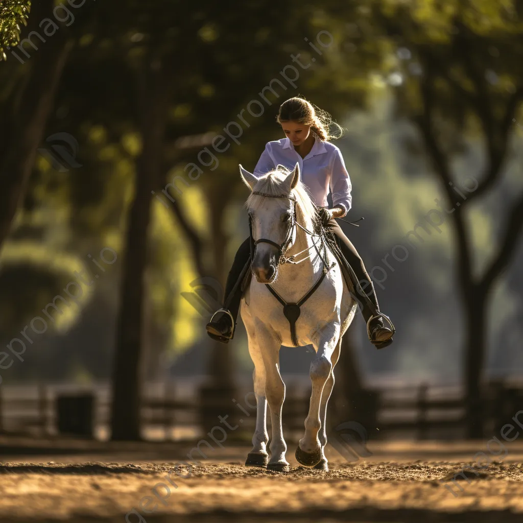 Trainer working with a horse in a sunlit arena during groundwork training. - Image 2