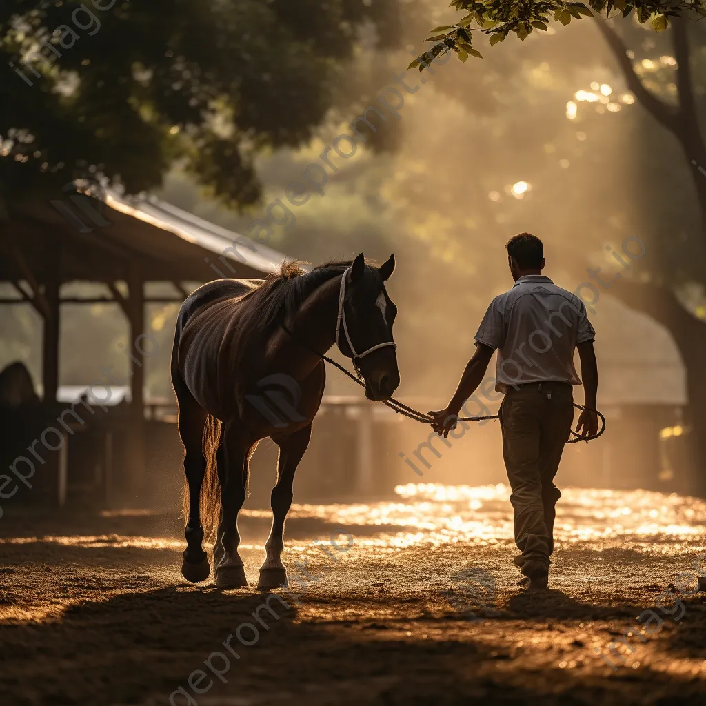 Trainer working with a horse in a sunlit arena during groundwork training. - Image 4