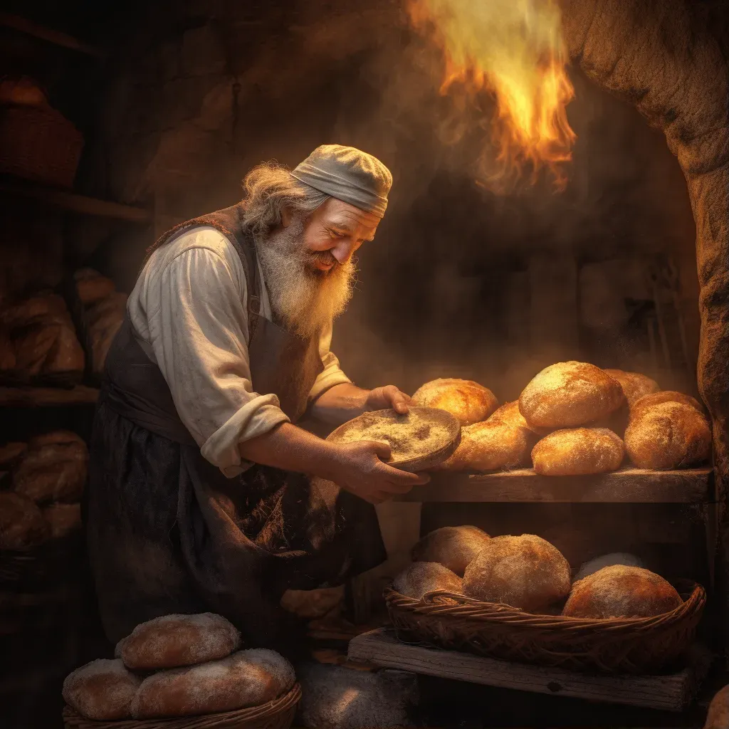 Baker pulling freshly baked bread from a stone oven - Image 1