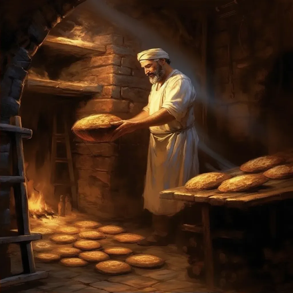 Baker pulling freshly baked bread from a stone oven - Image 2