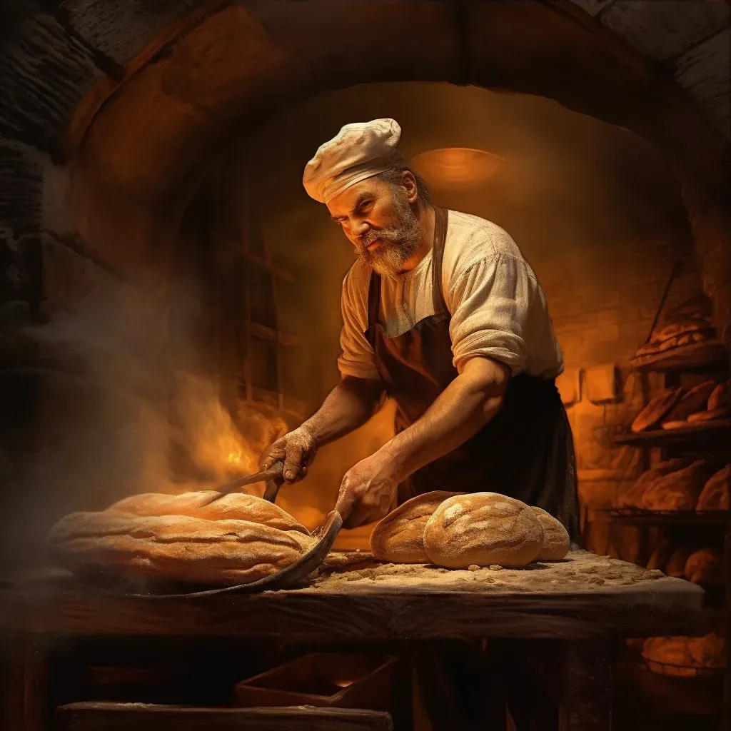 Baker pulling freshly baked bread from a stone oven - Image 3