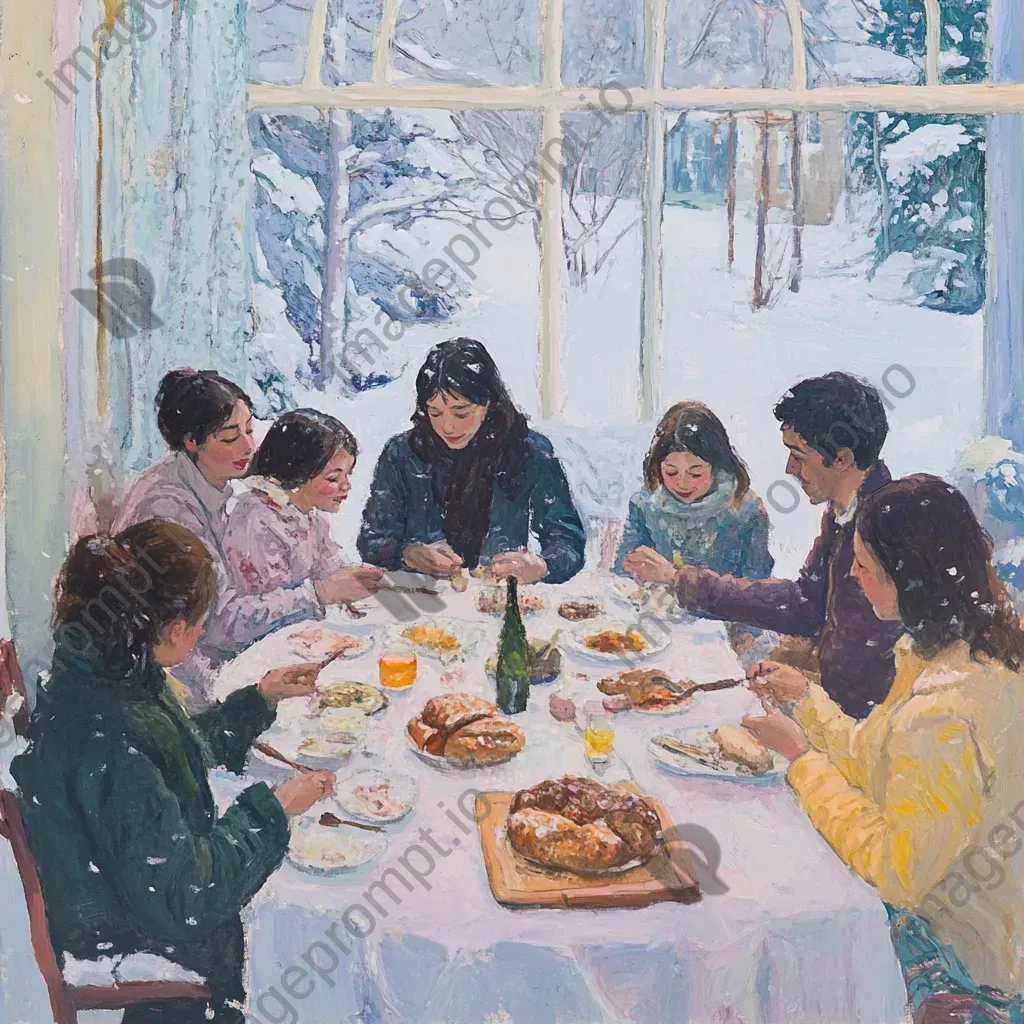 Community sharing warmth and food at a cozy winter potluck, painted in pastel colors - Image 1