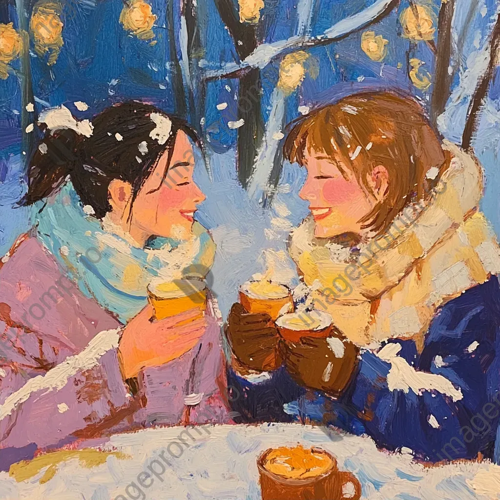 Community sharing warmth and food at a cozy winter potluck, painted in pastel colors - Image 2