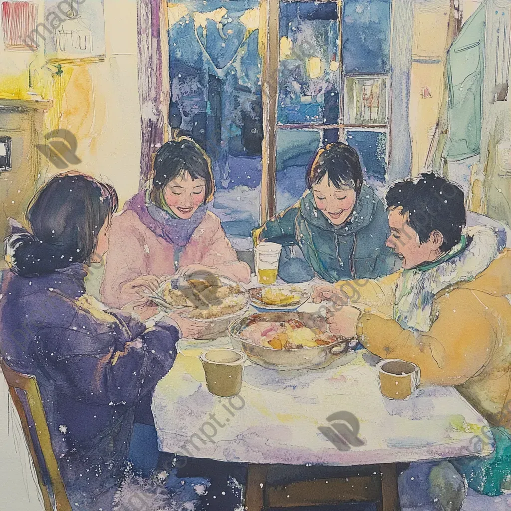 Community sharing warmth and food at a cozy winter potluck, painted in pastel colors - Image 3