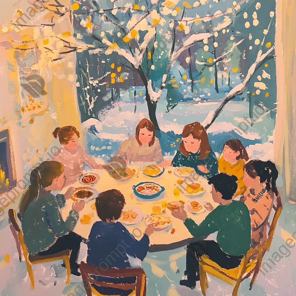 Community sharing warmth and food at a cozy winter potluck, painted in pastel colors - Image 4