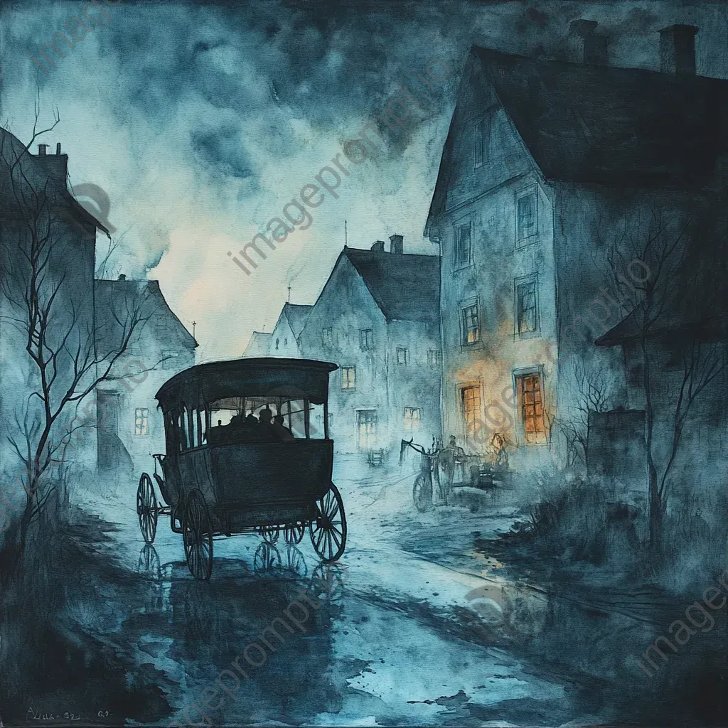 Watercolor painting of a spectral carriage traversing a desolate ghost town at night - Image 1