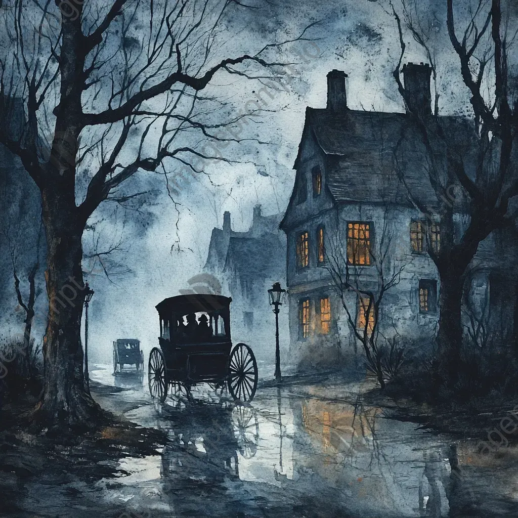 Watercolor painting of a spectral carriage traversing a desolate ghost town at night - Image 2