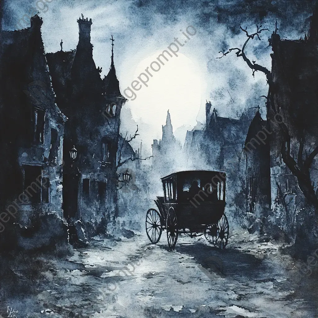 Watercolor painting of a spectral carriage traversing a desolate ghost town at night - Image 3