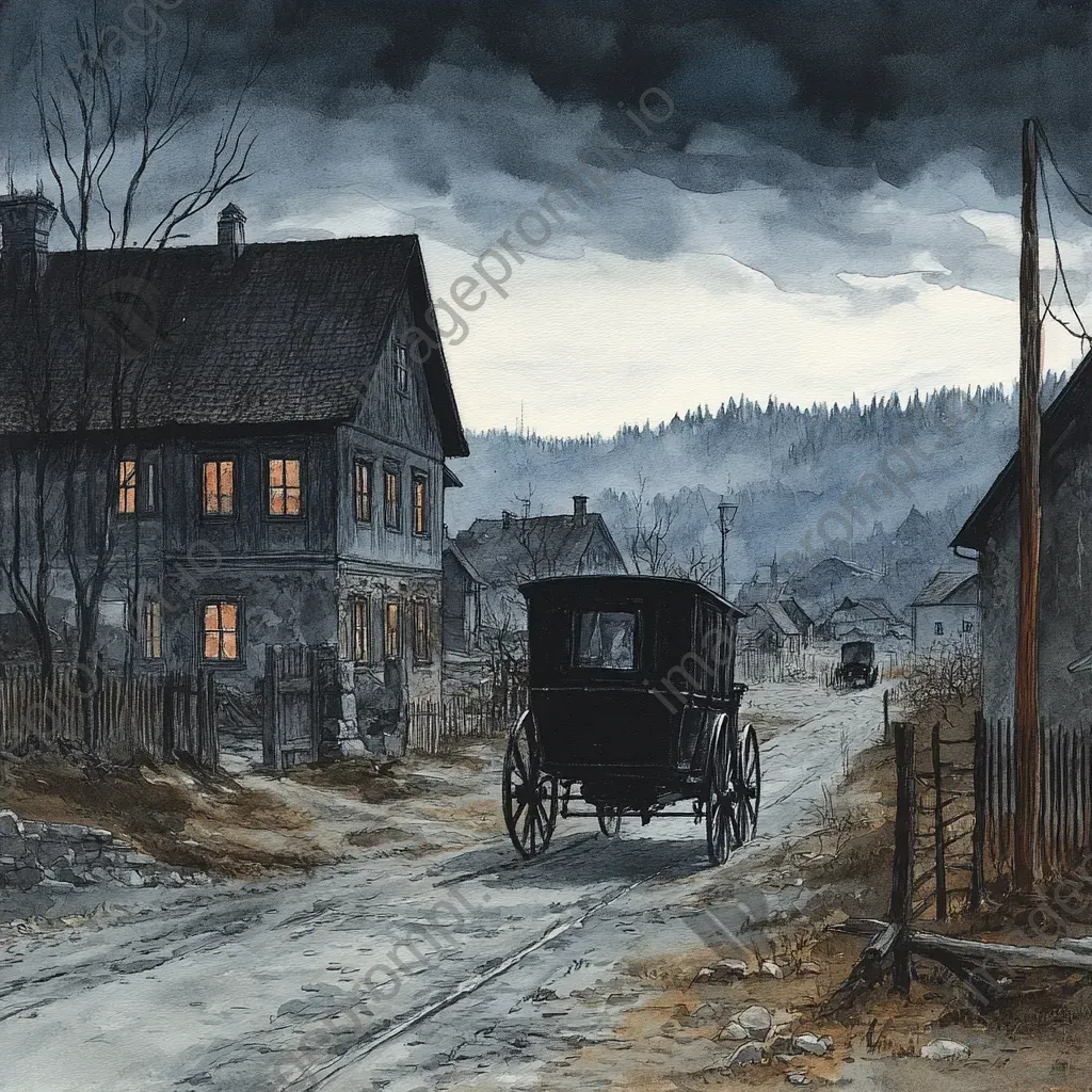 Watercolor painting of a spectral carriage traversing a desolate ghost town at night - Image 4