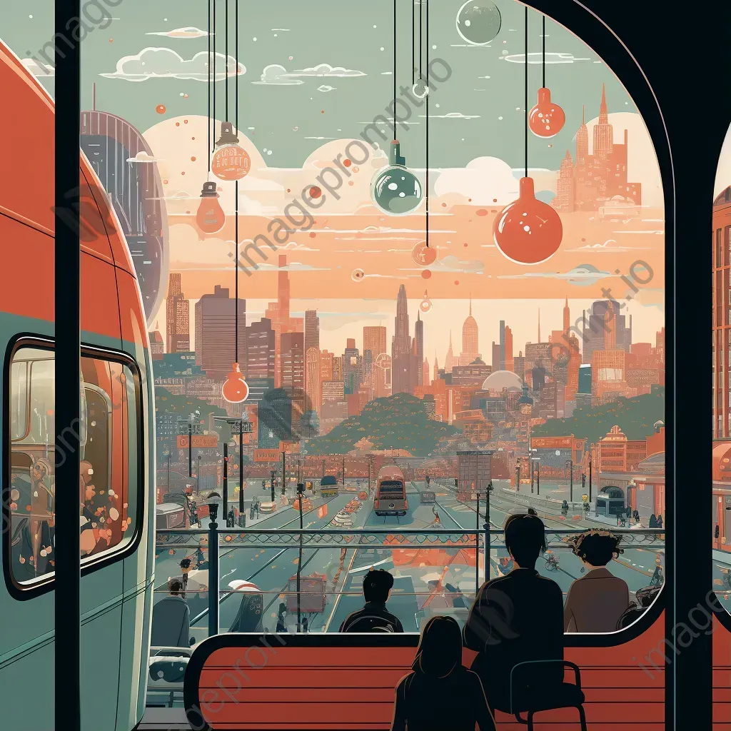 Futuristic cityscape viewed from the window of a vintage-style train - Image 1