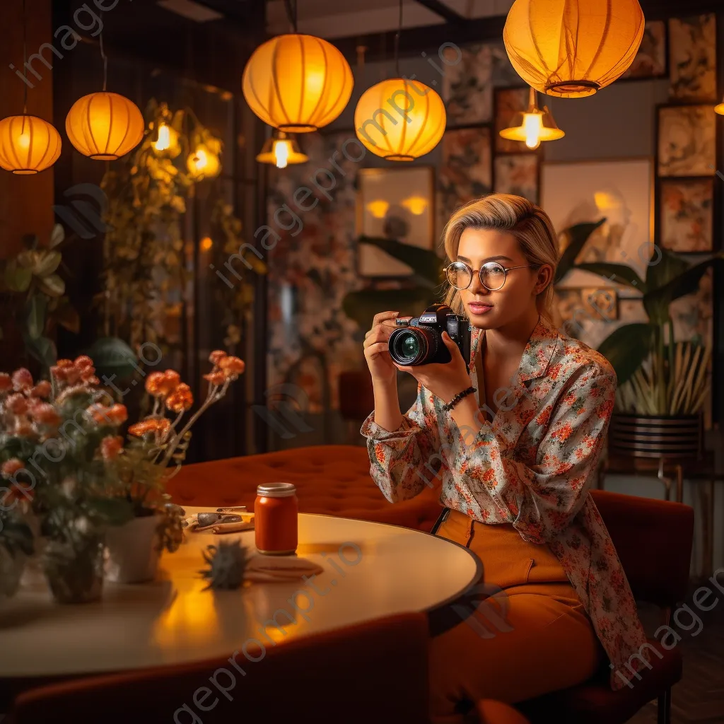 Influencer with DSLR camera in a trendy café - Image 1