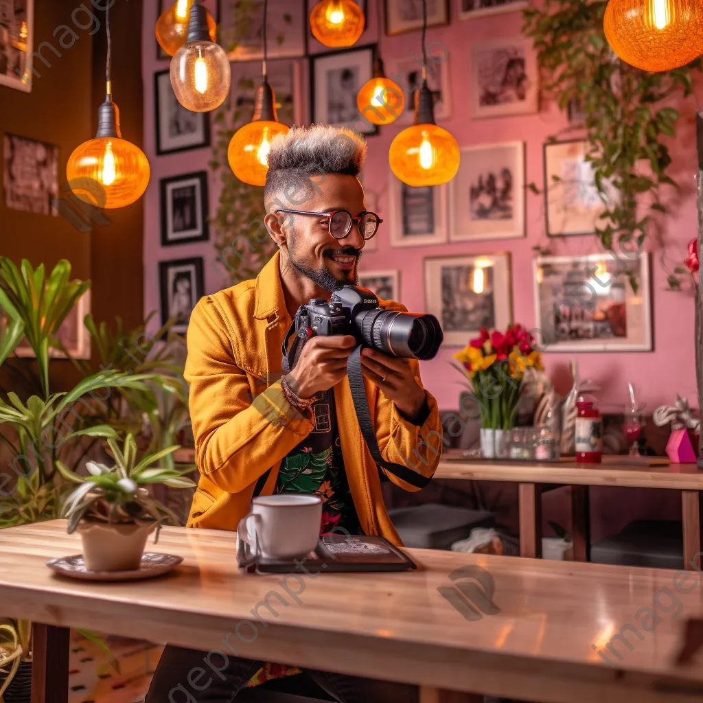 Influencer with DSLR camera in a trendy café - Image 2