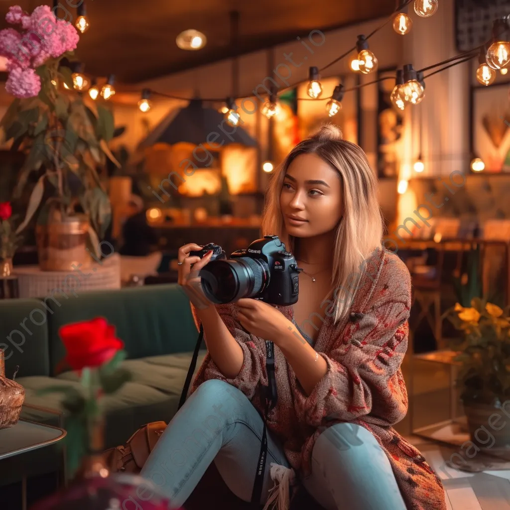 Influencer with DSLR camera in a trendy café - Image 4