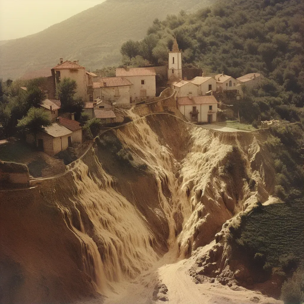 Mudslide cascading down a hillside, threatening to engulf a small village below - Image 1