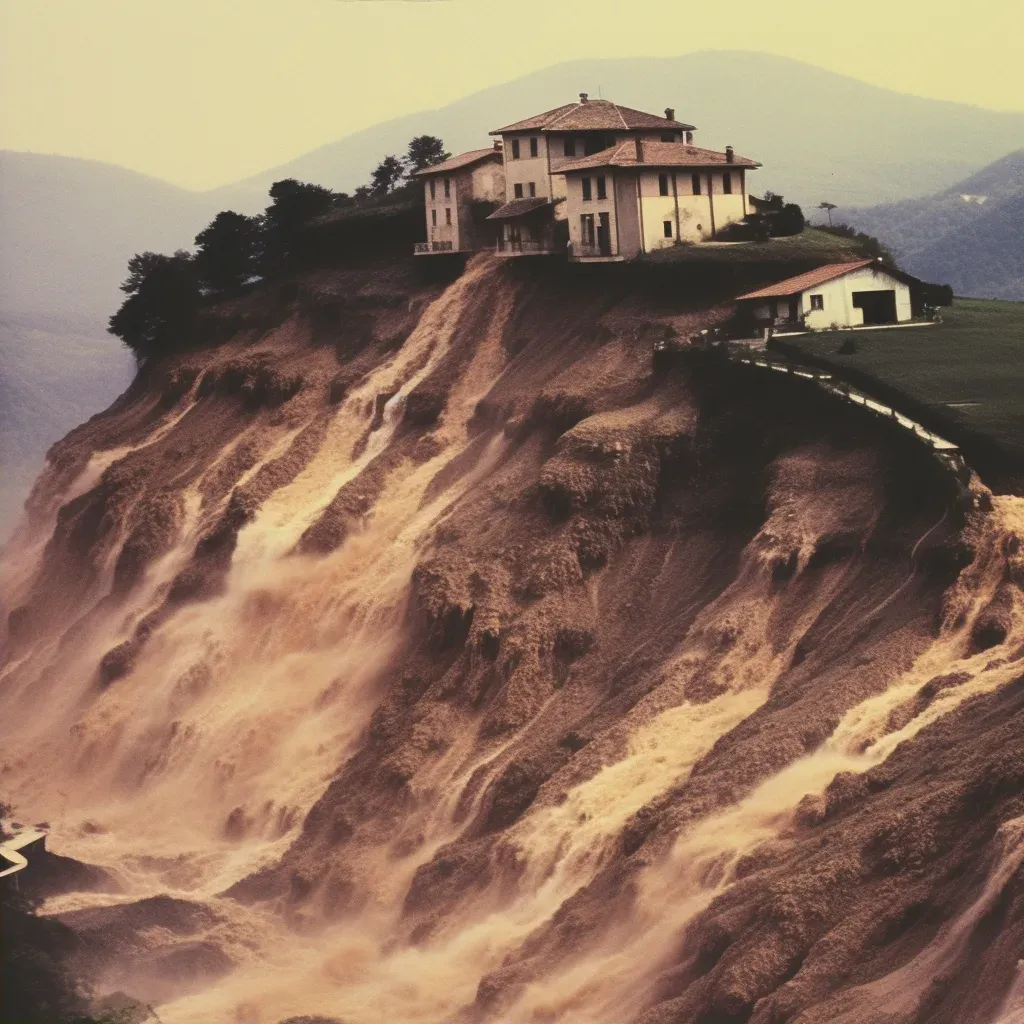 Mudslide cascading down a hillside, threatening to engulf a small village below - Image 2