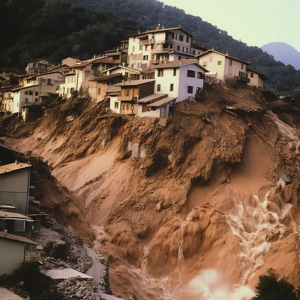 Mudslide cascading down a hillside, threatening to engulf a small village below - Image 3