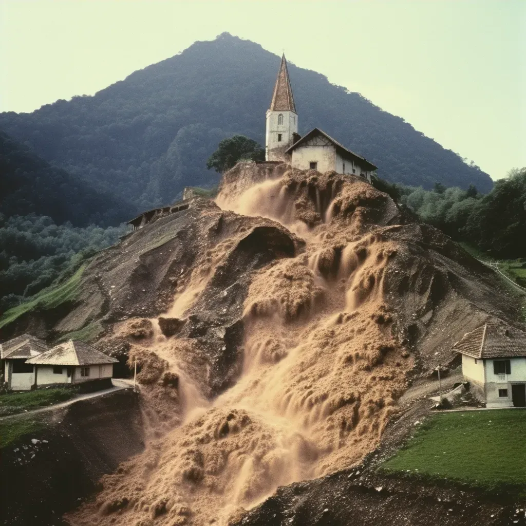 Mudslide cascading down a hillside, threatening to engulf a small village below - Image 4