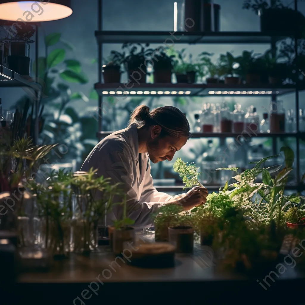 Researcher examining plant samples in a bioengineering lab. - Image 1